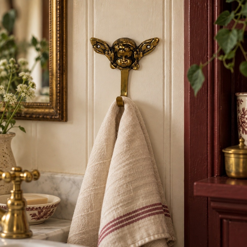 Vintage Brass Cherub Face Wall Hook, Ornate Bathroom Towel Hanger